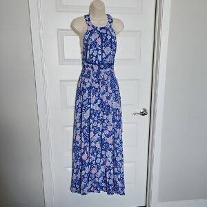 Floral Halter Maxi Dress in Blue and Pink